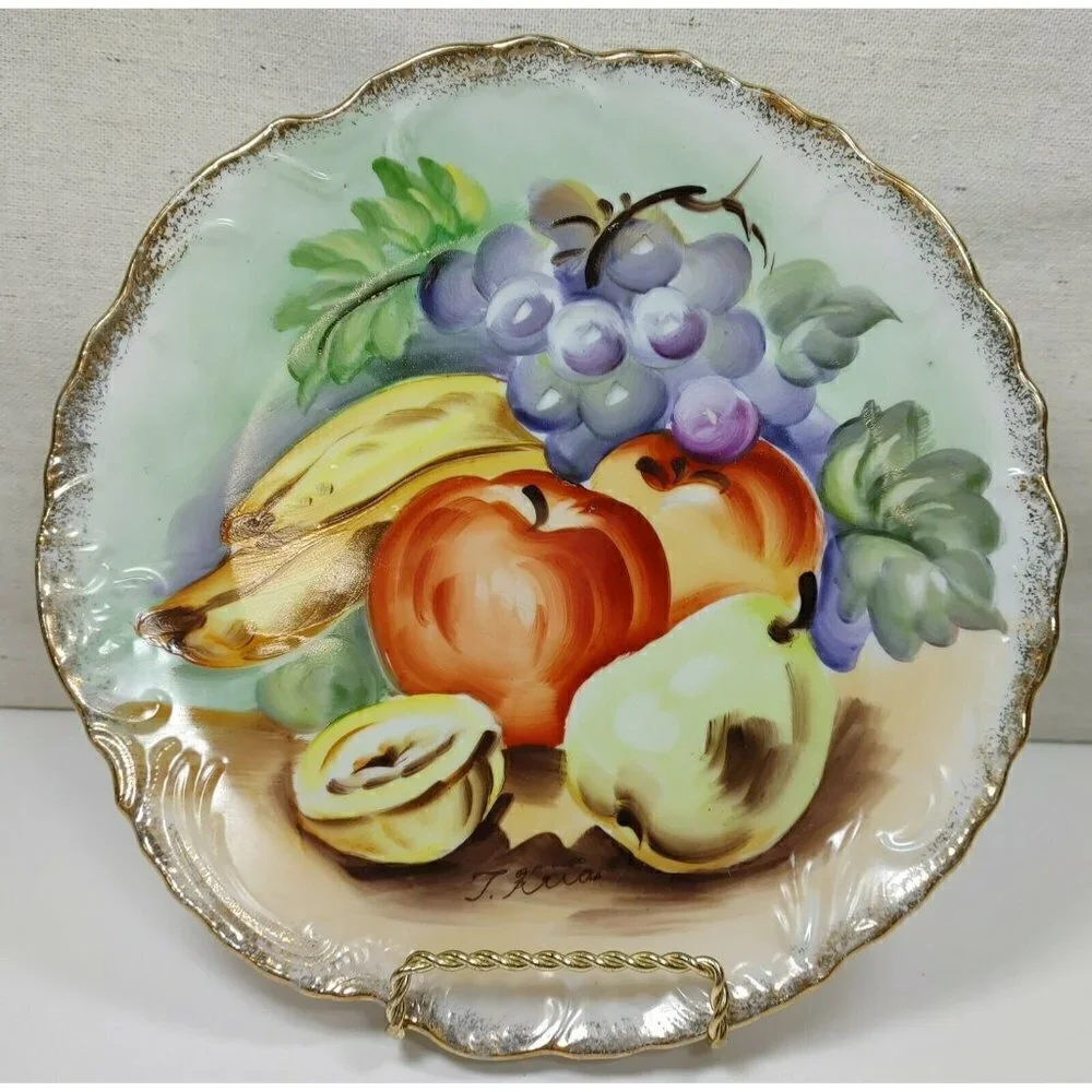 Vintage Hand Painted Fruit Design Gold Rim Scalloped Edge Salad Dessert Plate